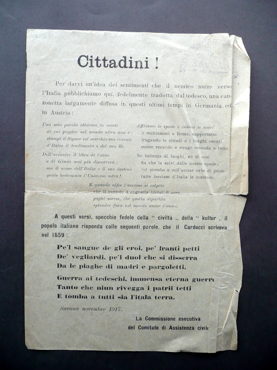 Volantino Cittadini! Savona Novembre 1917 Propaganda WW1 Assitenza Civile
