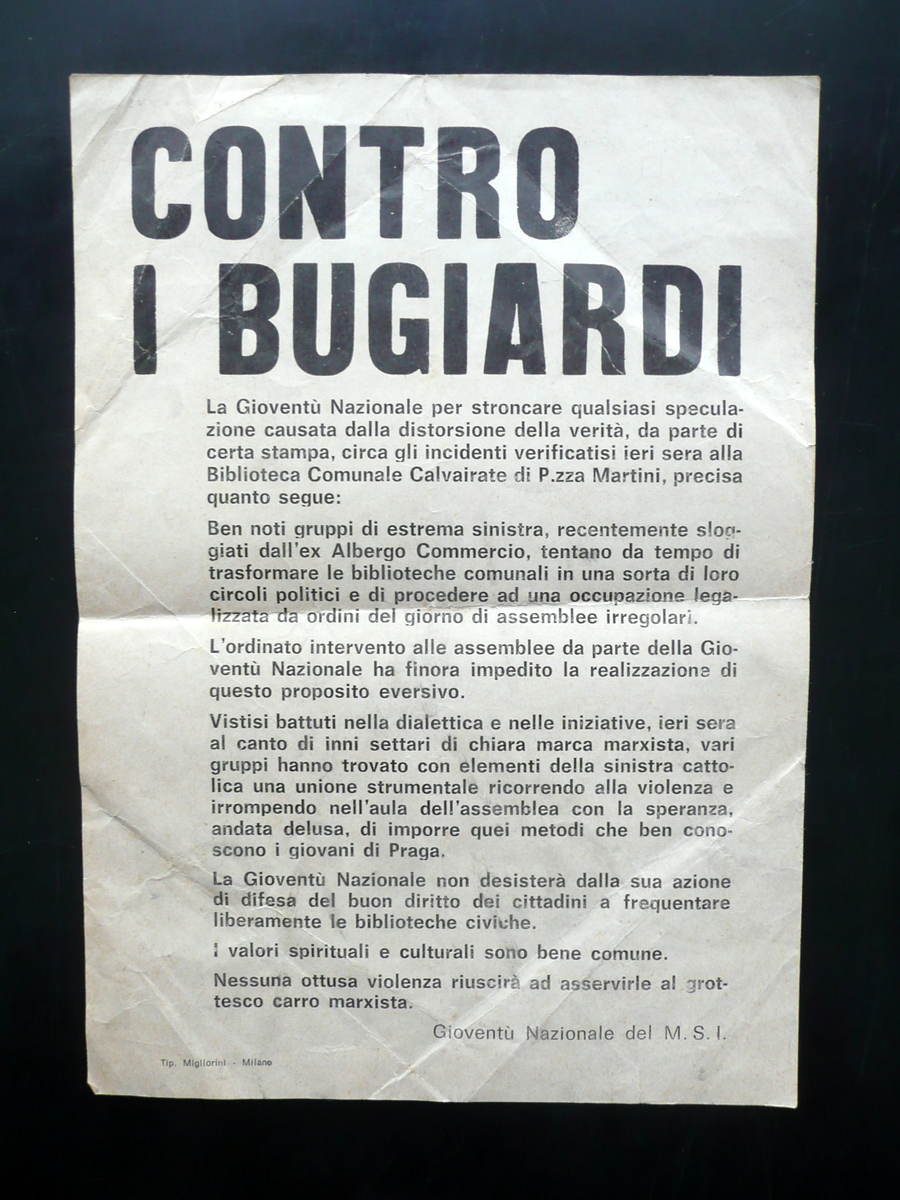 Volantino Contro i Bugiardi Giovent˘ Nazionale MSI Calvairate Milano Politica