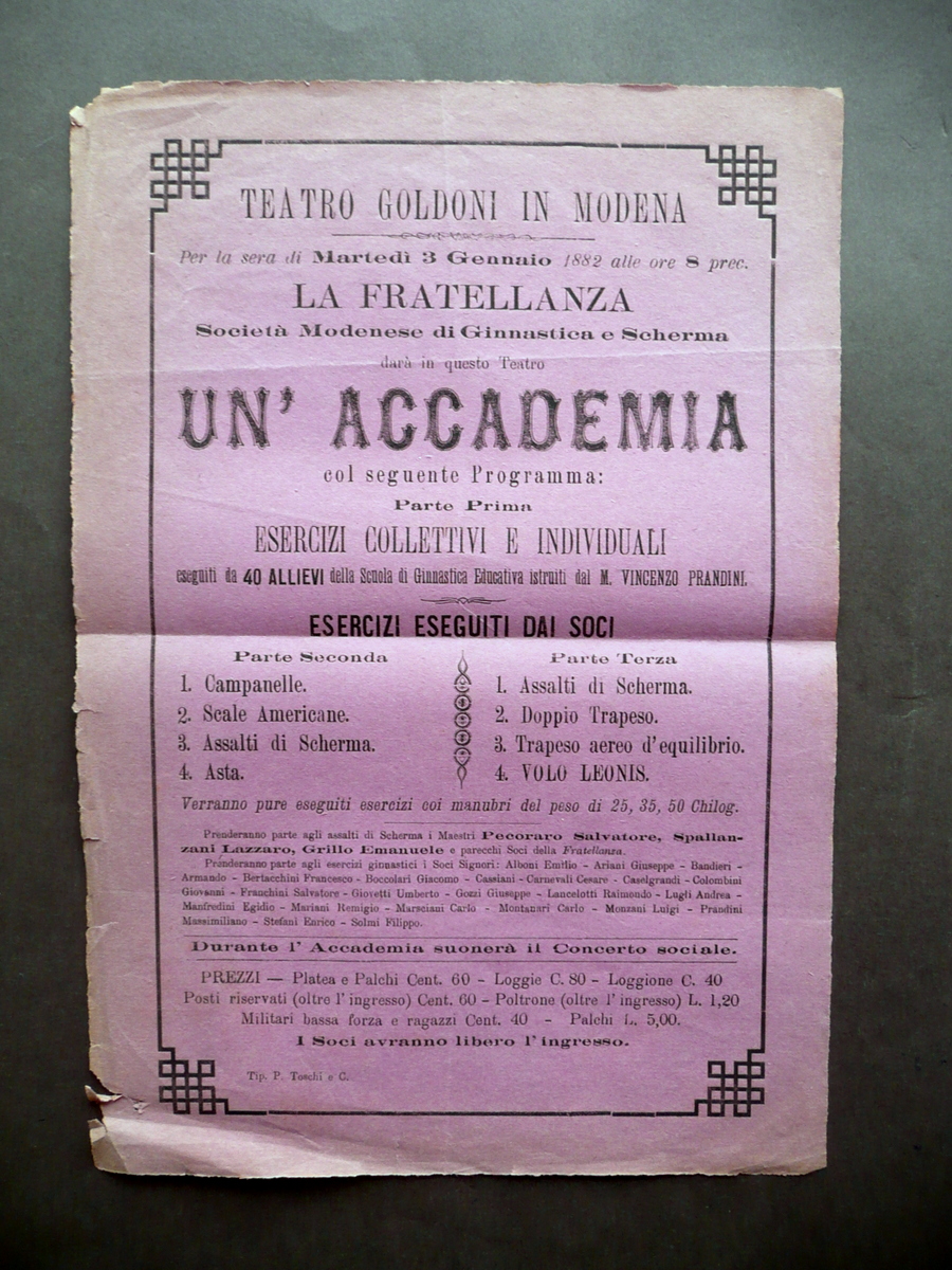 Volantino La Fratellanza Esercizi Ginnastica Trapezio Volo Teatro Goldoni 1882