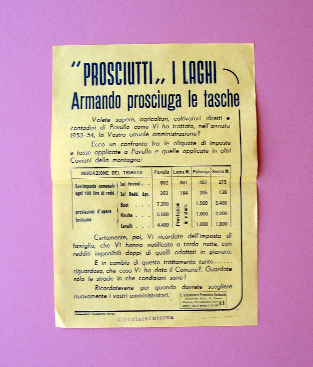 Volantino Pavullo Politica Prosciutti I Laghi Sta. Poligrafico Artioli 1954