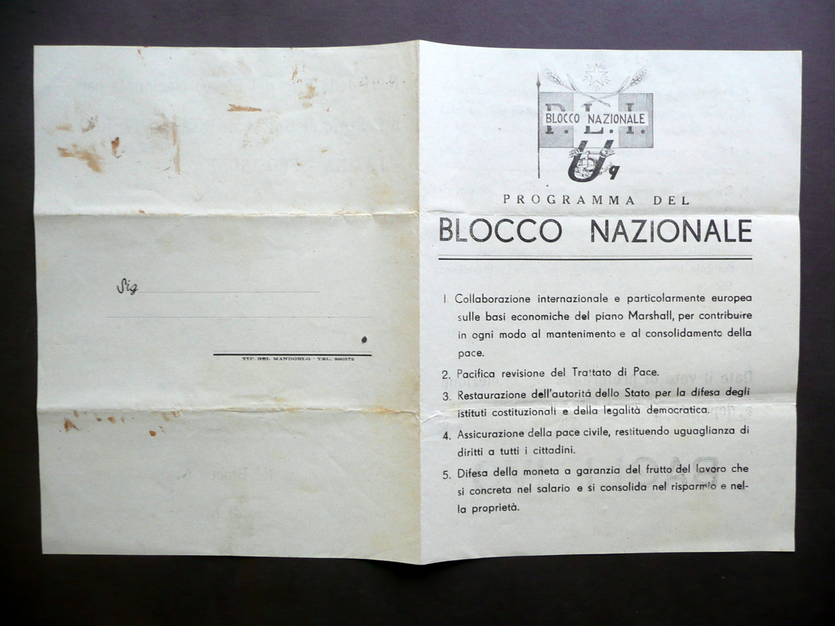 Volantino Politico Blocco Nazionale PLI Uomo Qualunque Programma Bagli Ivo …