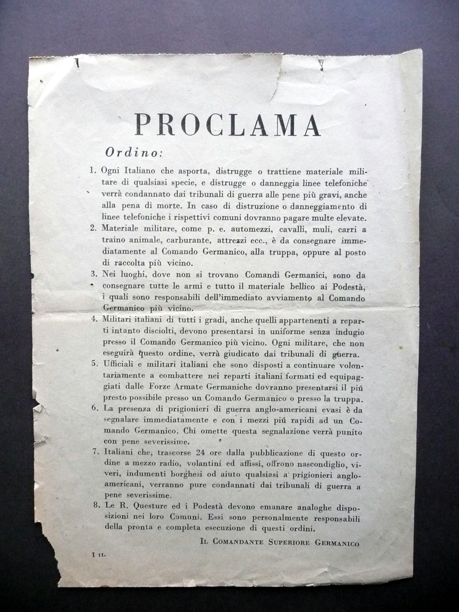 Volantino Proclama Ordini contro Sabotatori Materiale Militare RSI WW2 Guerra