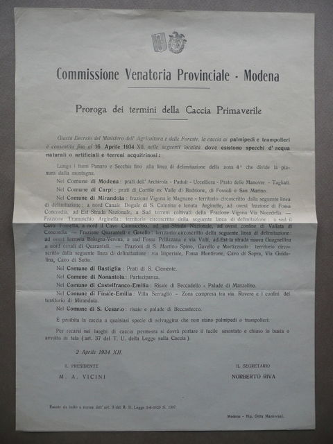 Volantino Proroga Caccia Primaverile Modena Palmipedi Trampolieri 1934 Mantovani