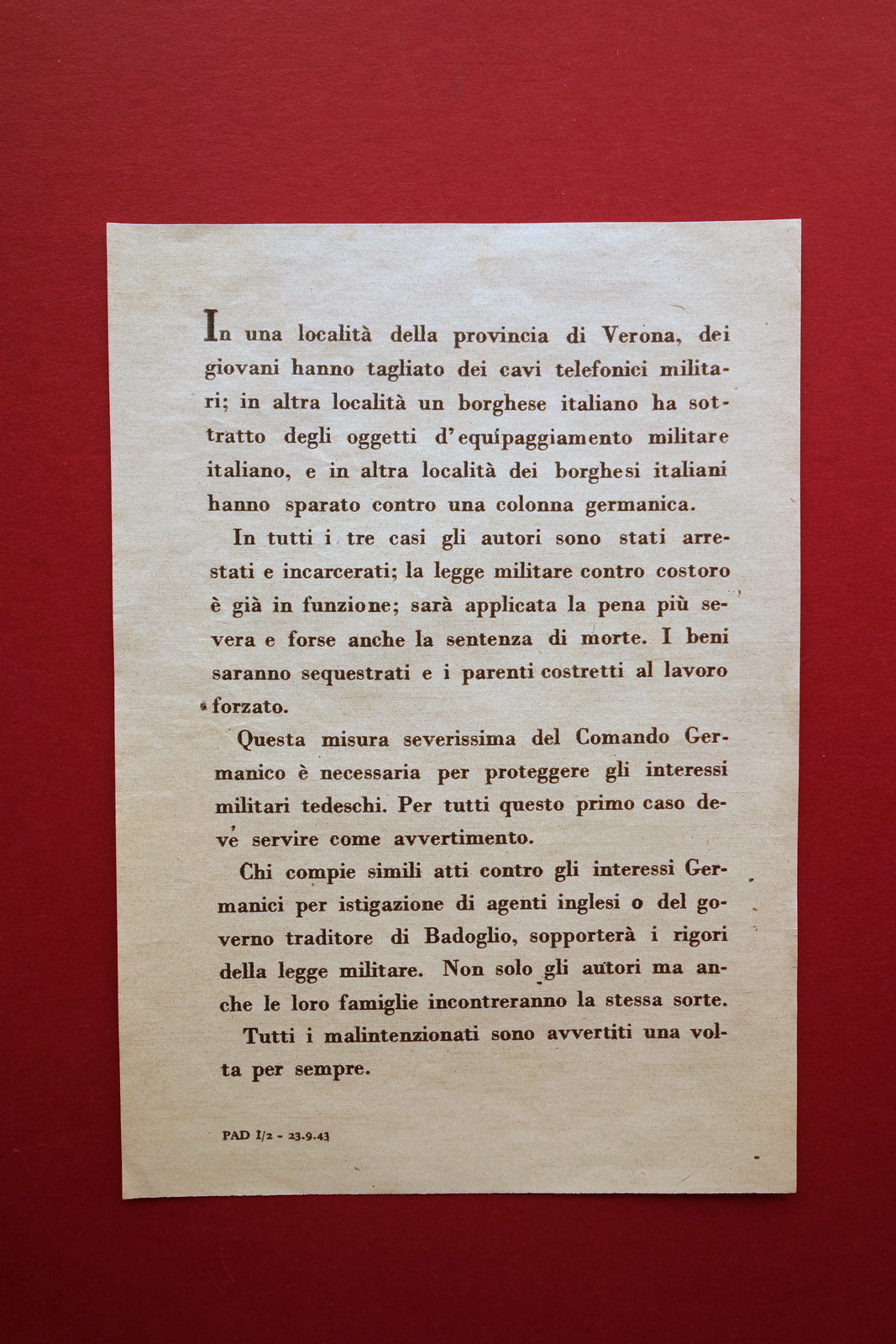 Volantino RSI PNF Punizioni contro i Sabotatori 23/9/1943 PAD I/2 …