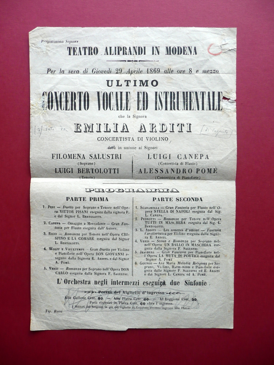 Volantino Teatro Aliprandi Modena Concerto Emilia Arditi Violino 1869 Musica
