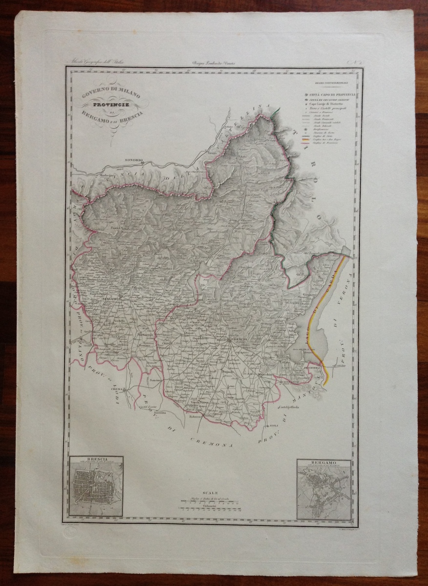Zuccagni Orlandini Acquaforte Originale 1840 Atlante Geografico Bergamo Brescia