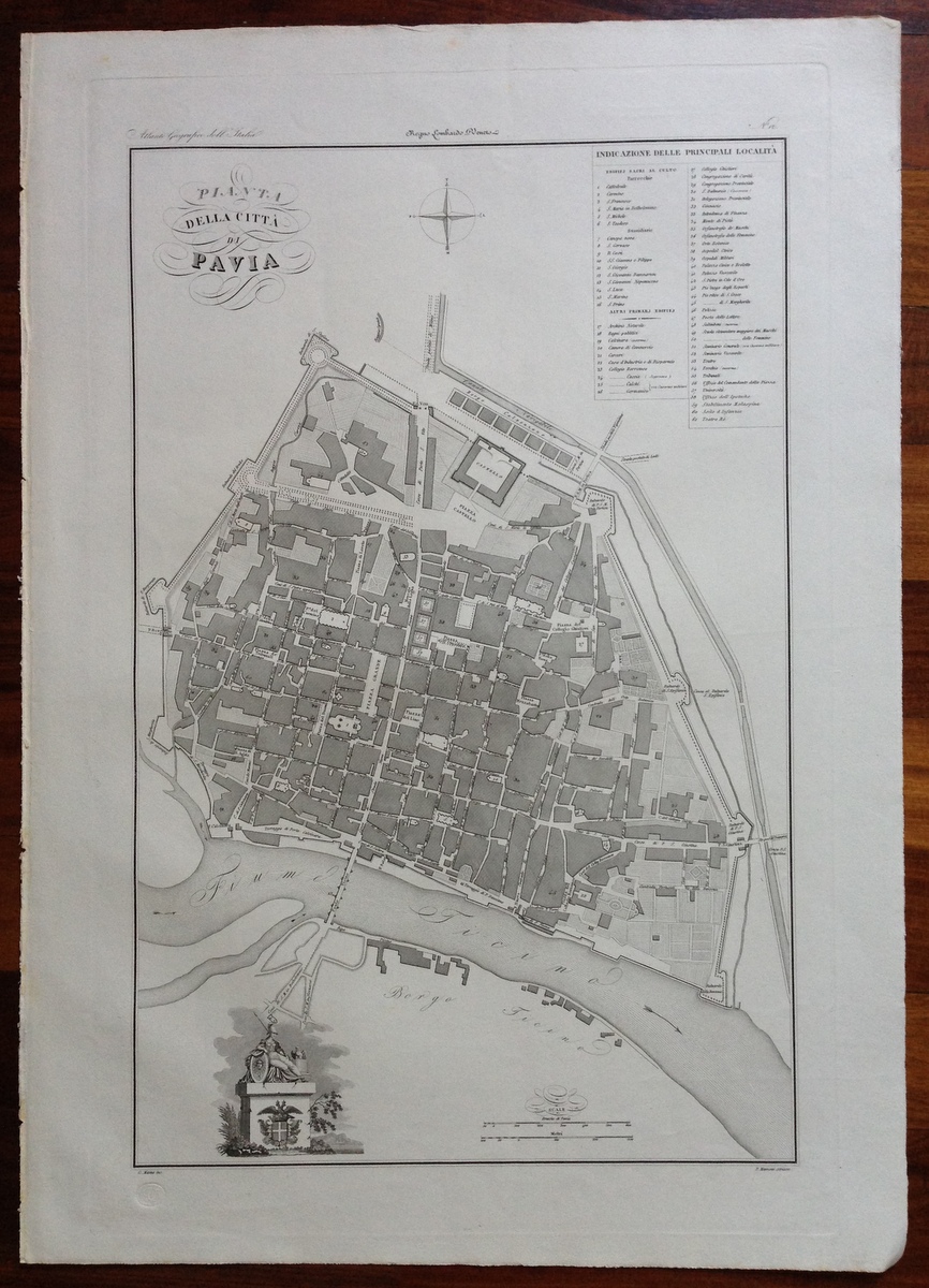Zuccagni Orlandini Acquaforte Originale 1840 Atlante Geografico Pianta Pavia