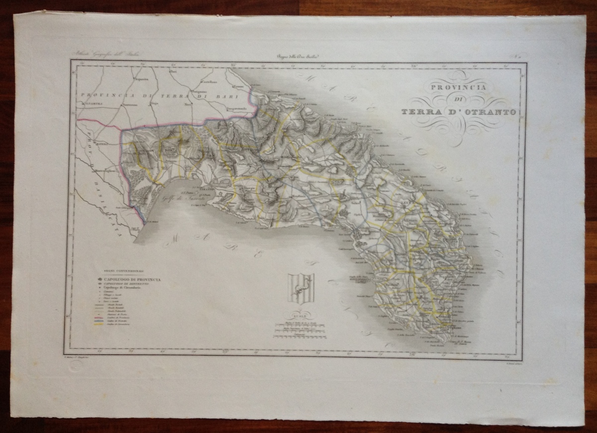 Zuccagni Orlandini Acquaforte Originale 1840 Atlante Geografico Terra d'Otranto