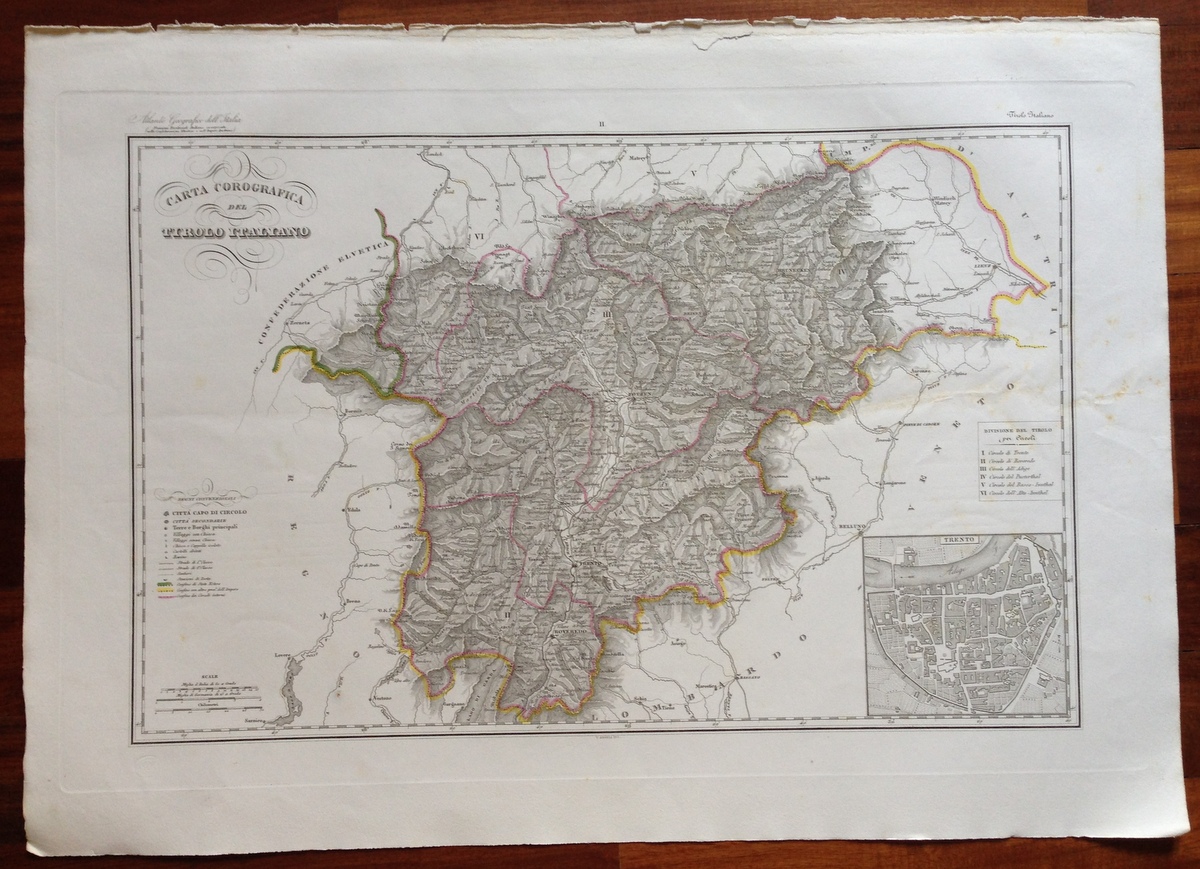 Zuccagni Orlandini Acquaforte Originale 1840 Atlante Geografico Tirolo Italiano