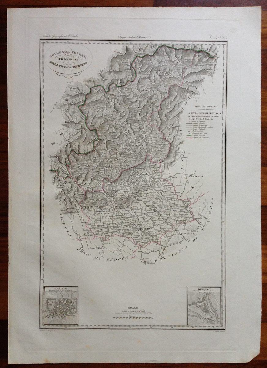 Zuccagni Orlandini Acquaforte Originale 1840 Atlante Geografico Treviso Belluno