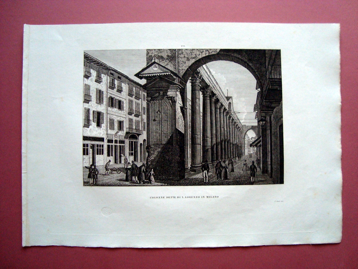 Zuccagni Orlandini acquaforte originale 1840 Colonne San Lorenzo Milano