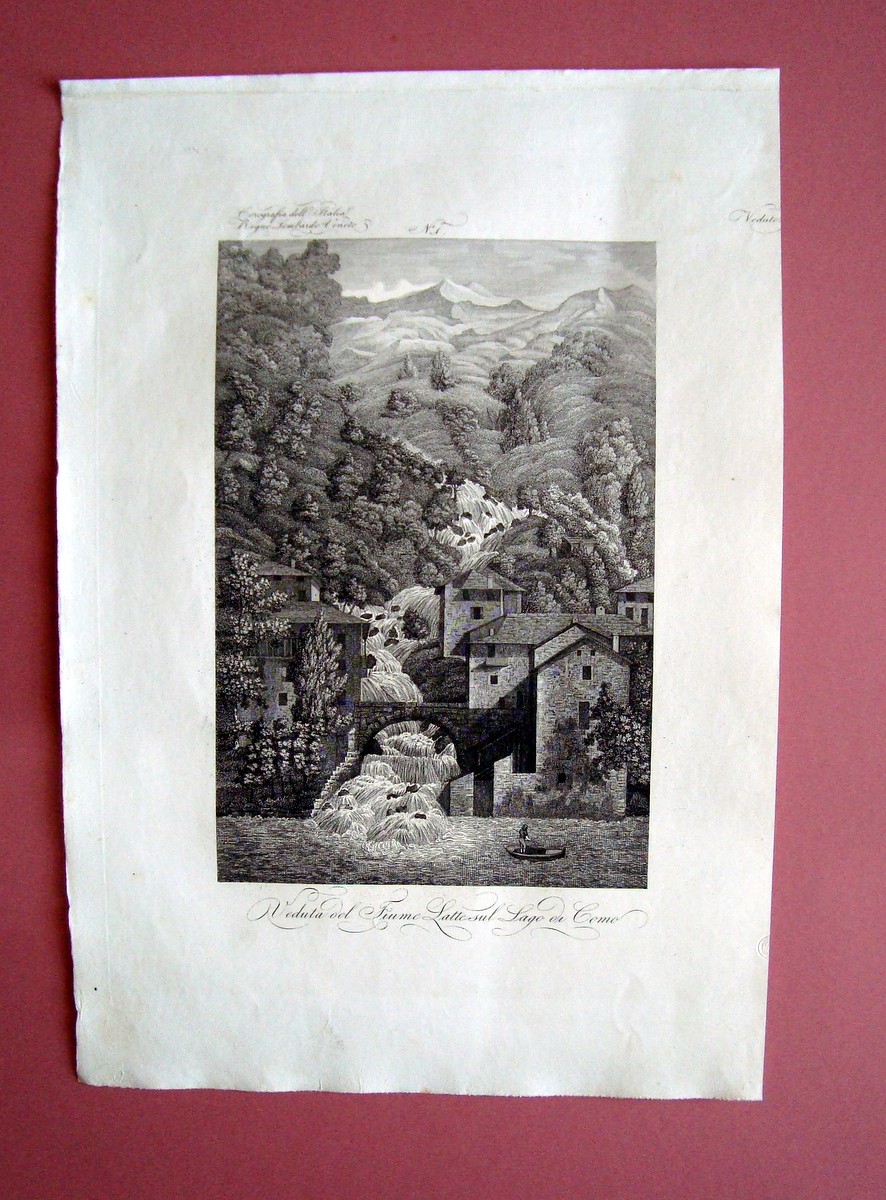 Zuccagni Orlandini acquaforte originale 1840 Fiume Latte Lago Como