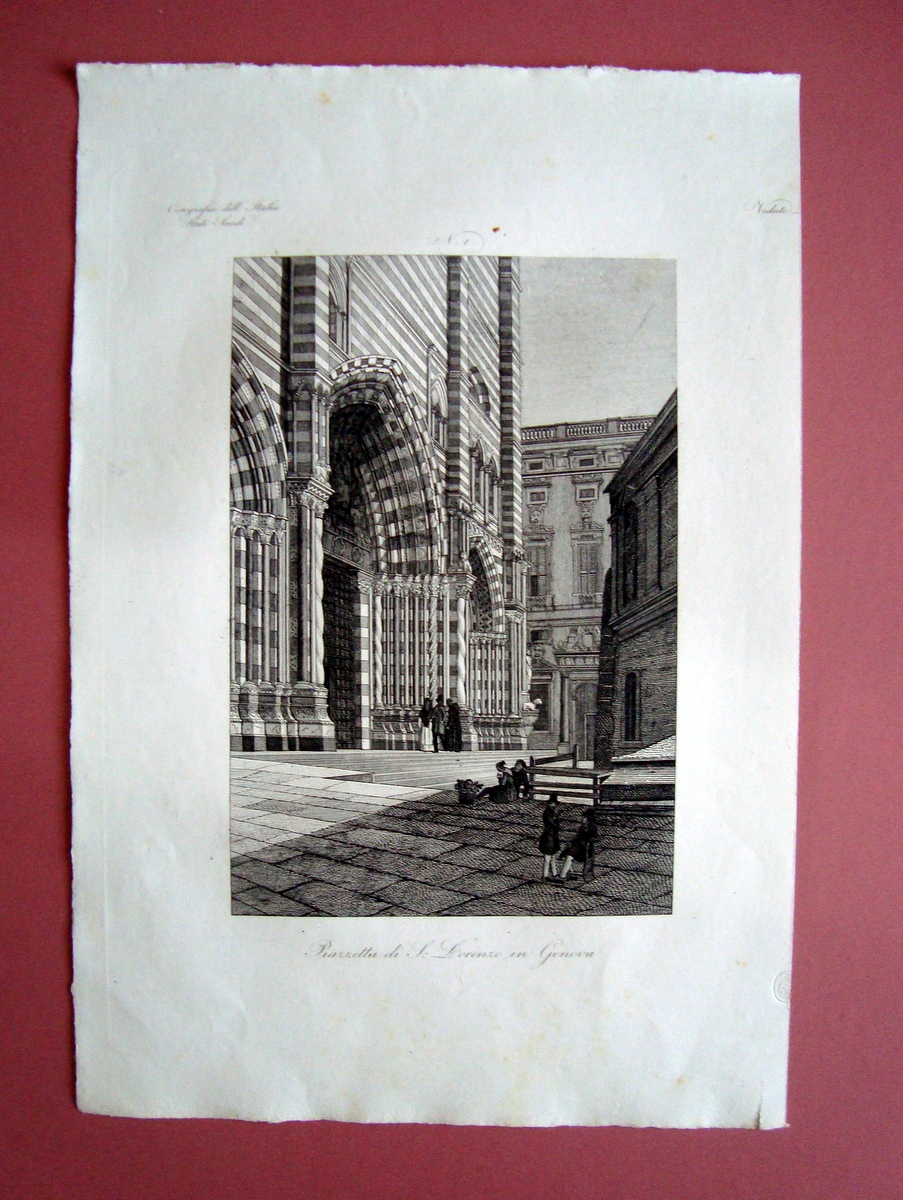 Zuccagni Orlandini acquaforte originale 1840 Piazzetta San Lorenzo Genova