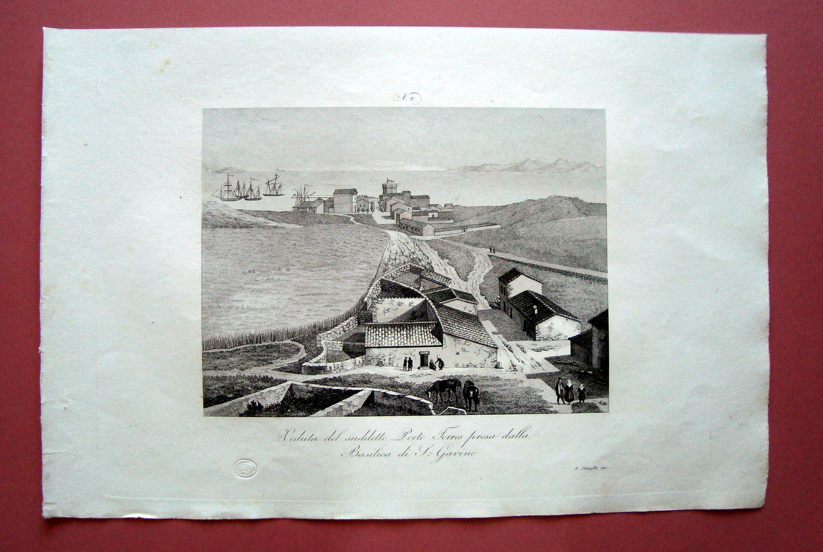 Zuccagni Orlandini acquaforte originale 1840 Porto Torres da Basilica S.Gavino