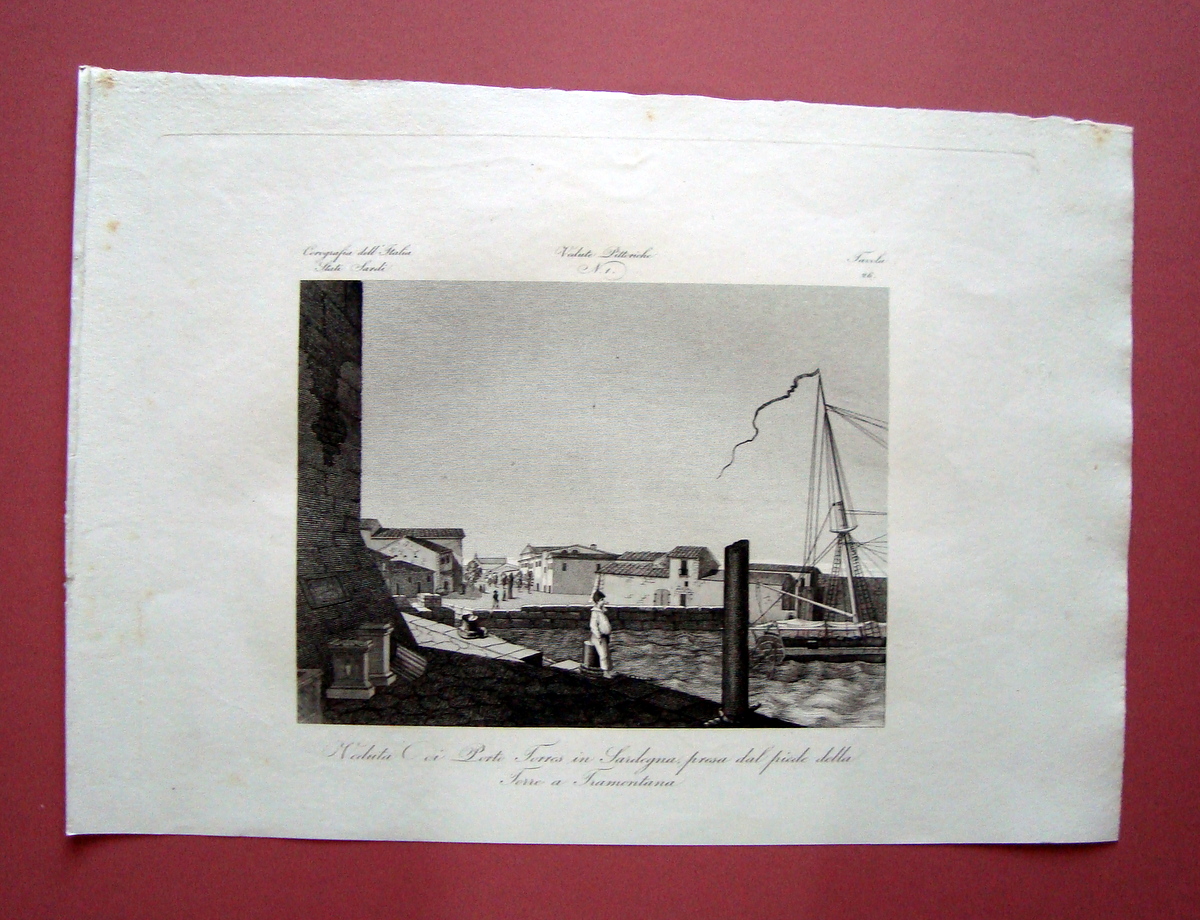 Zuccagni Orlandini acquaforte originale 1840 Porto Torres Sardegna