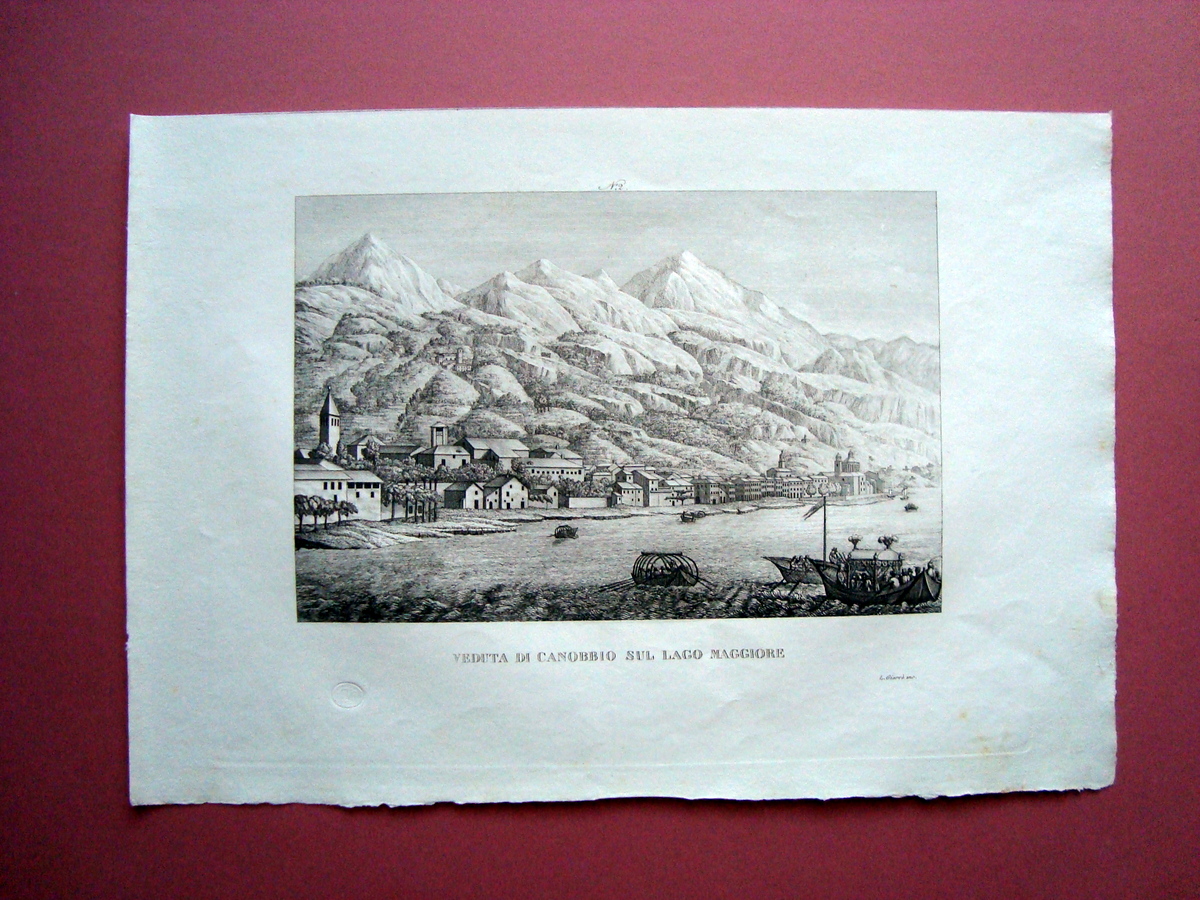 Zuccagni Orlandini acquaforte originale 1840 Veduta Canobbio Lago Maggiore