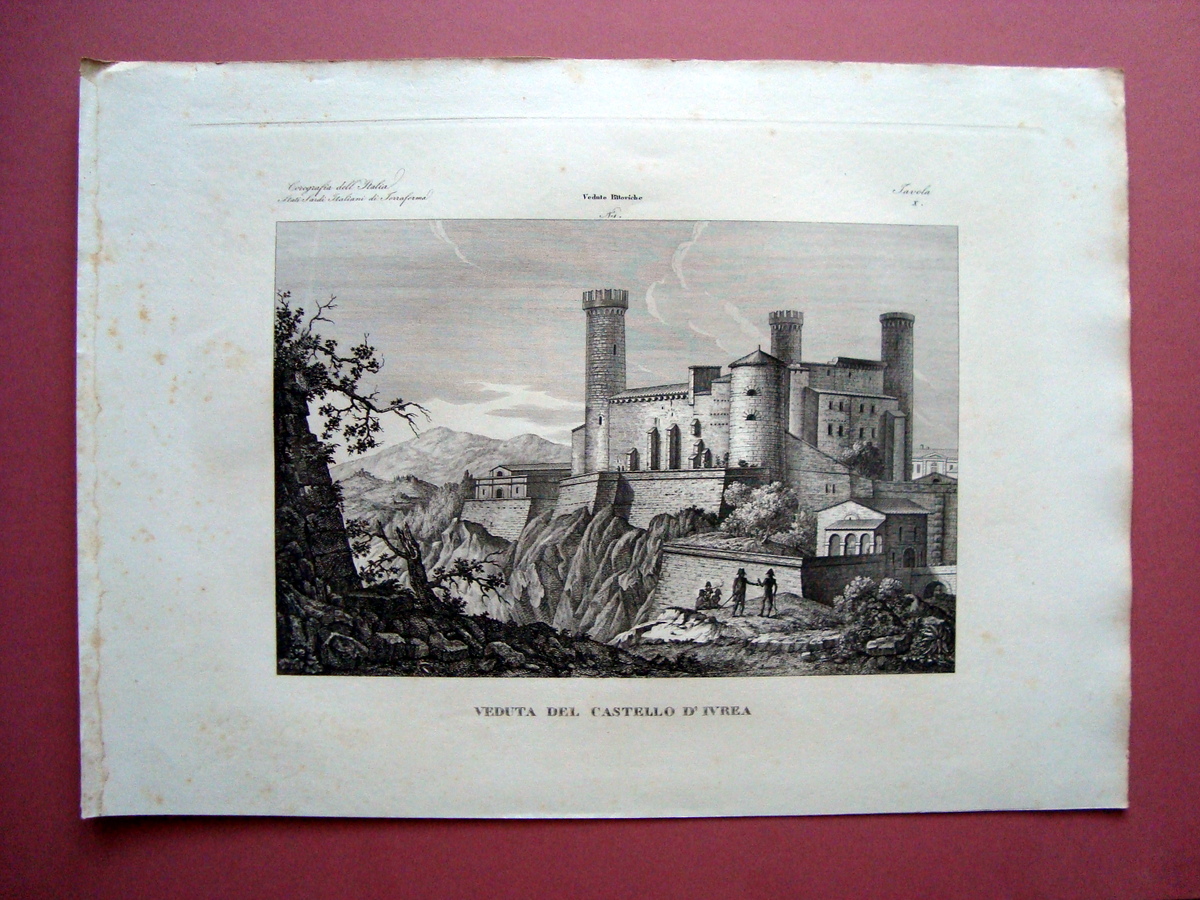 Zuccagni Orlandini acquaforte originale 1840 Veduta Castello Ivrea