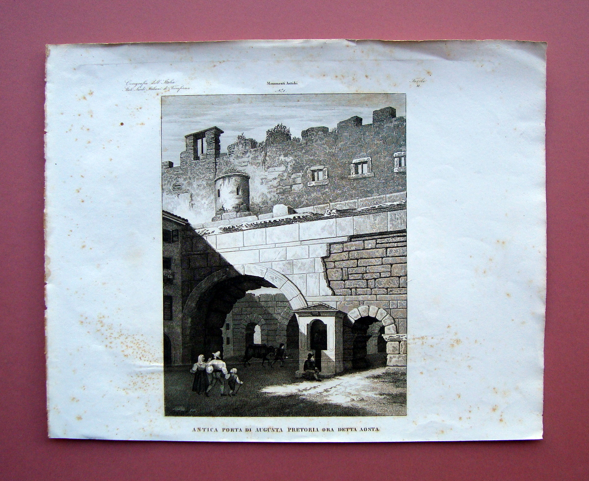 Zuccagni Orlandini Antica porta Augusta Pretoria Aosta 1844 acquaforte