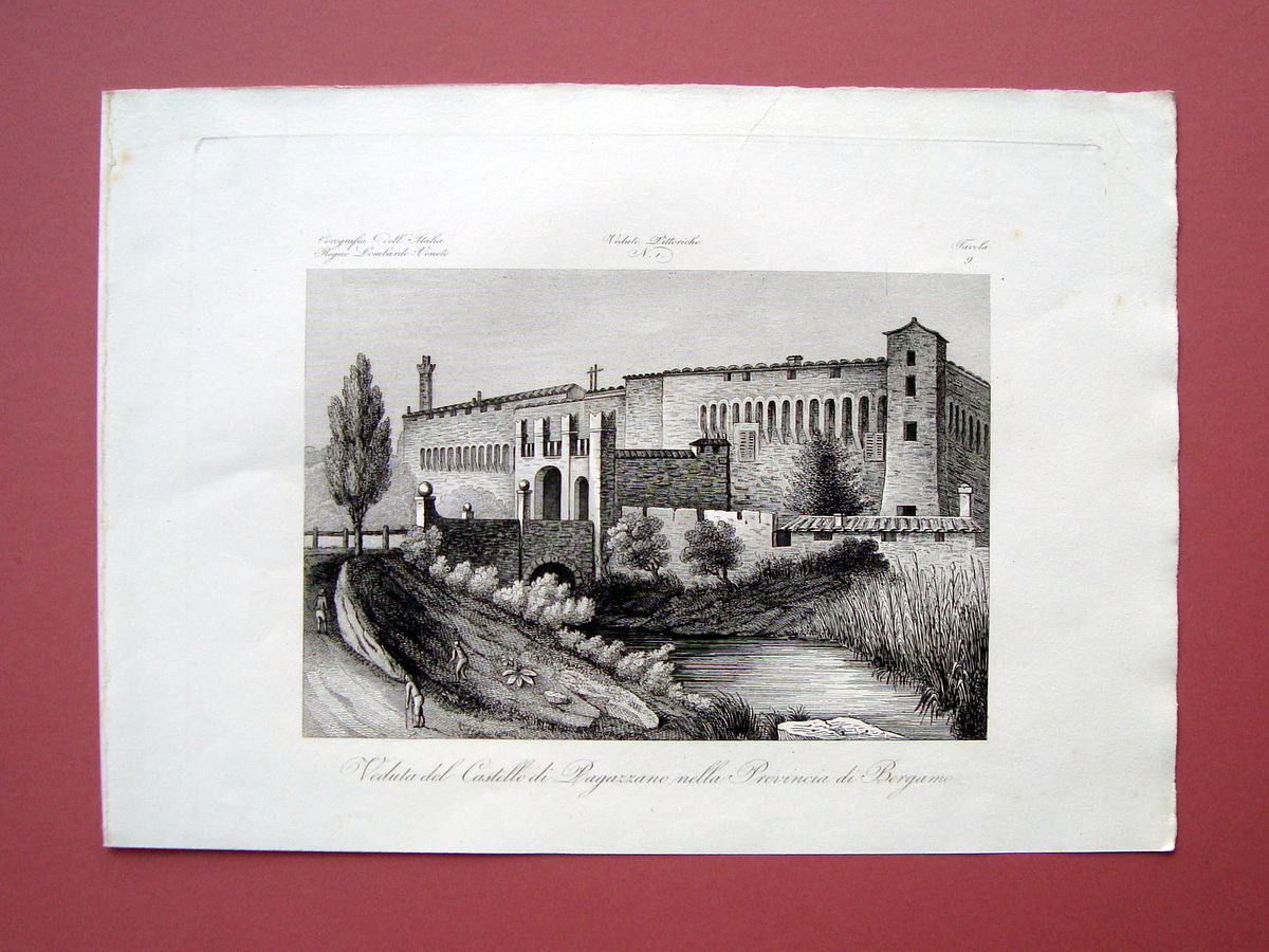Zuccagni Orlandini Castello Pagazzano Bergamo 1840 acquaforte originale