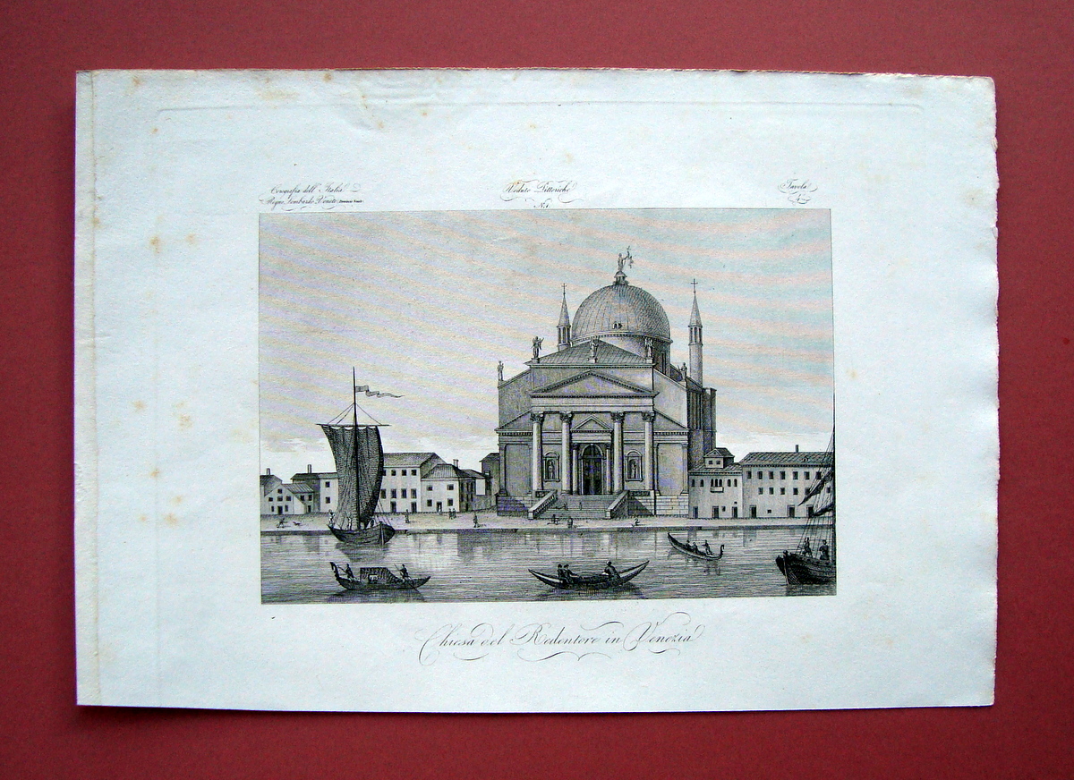 Zuccagni Orlandini Chiesa del Redentore in Venezia 1844 acquaforte originale
