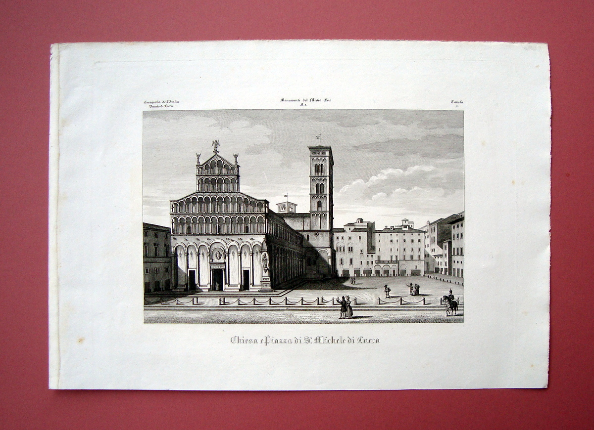 Zuccagni Orlandini Chiesa e Piazza S.Michele Lucca 1840 acquaforte originale