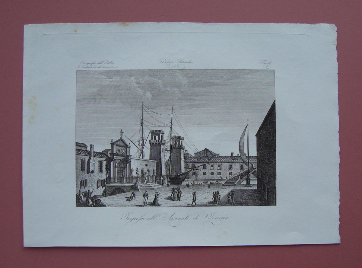 Zuccagni Orlandini Ingresso all'Arsenale di Venezia 1844 acquaforte originale