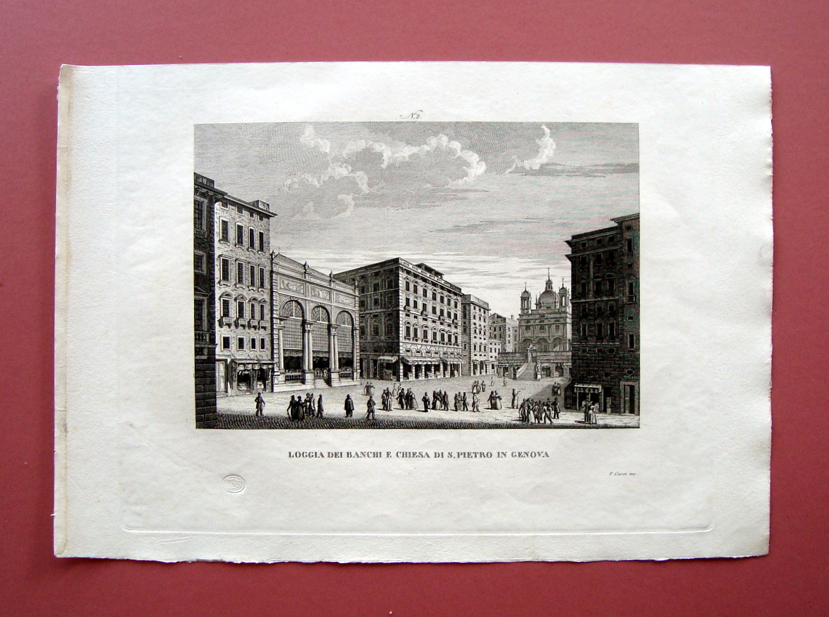 Zuccagni Orlandini Loggia Banchi S.Pietro in Genova 1840 acquaforte originale