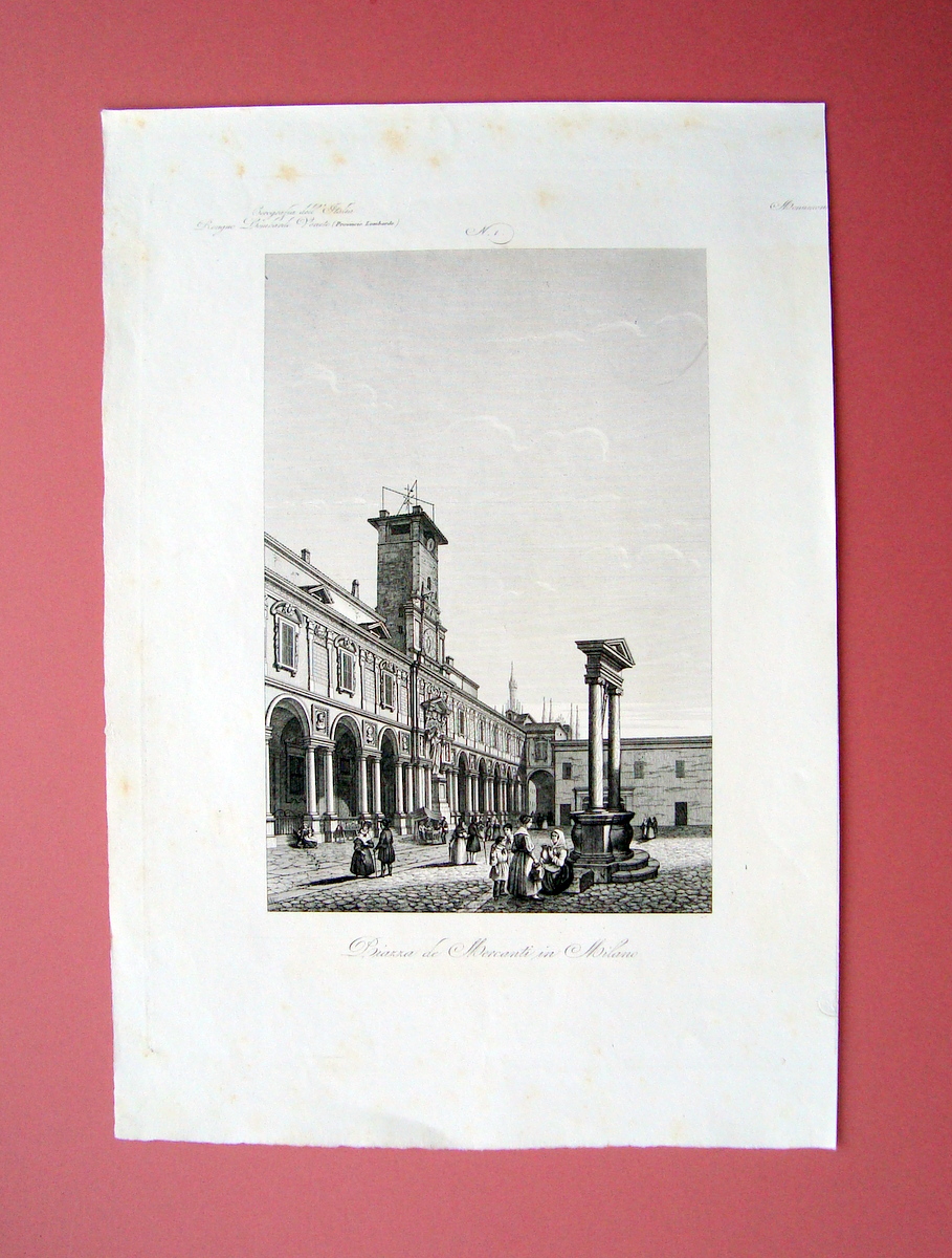 Zuccagni Orlandini Piazza de Mercanti in Milano 1844 acquaforte originale