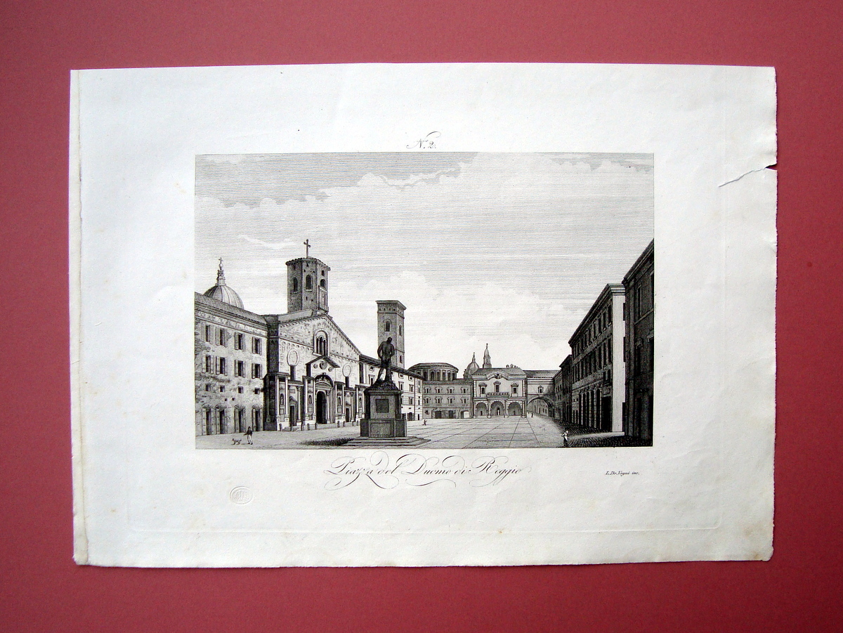 Zuccagni Orlandini Piazza Duomo di Reggio 1840 acquaforte originale