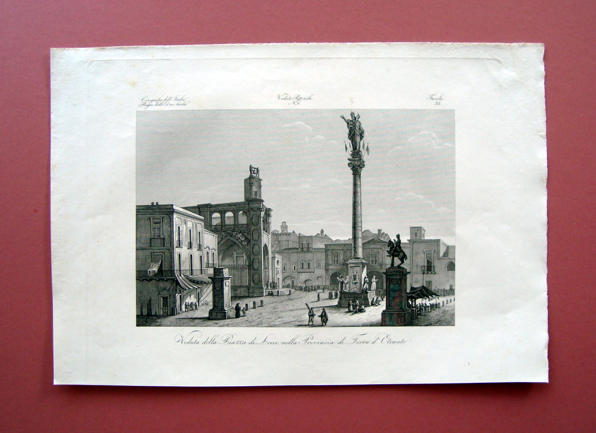 Zuccagni Orlandini Piazza Lecce Terra d'Otranto 1840 acquaforte originale