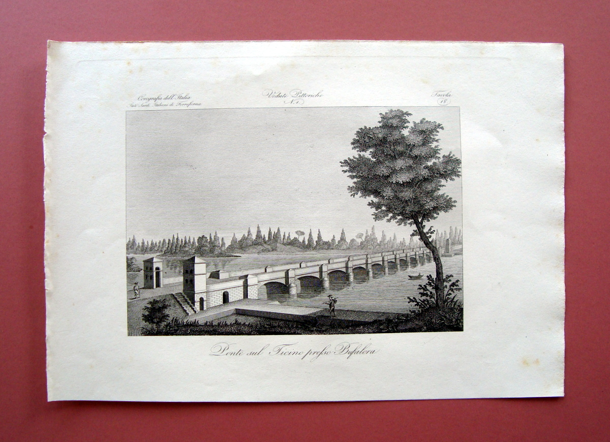 Zuccagni Orlandini Ponte sul Ticino presso Bufalora 1840 acquaforte originale