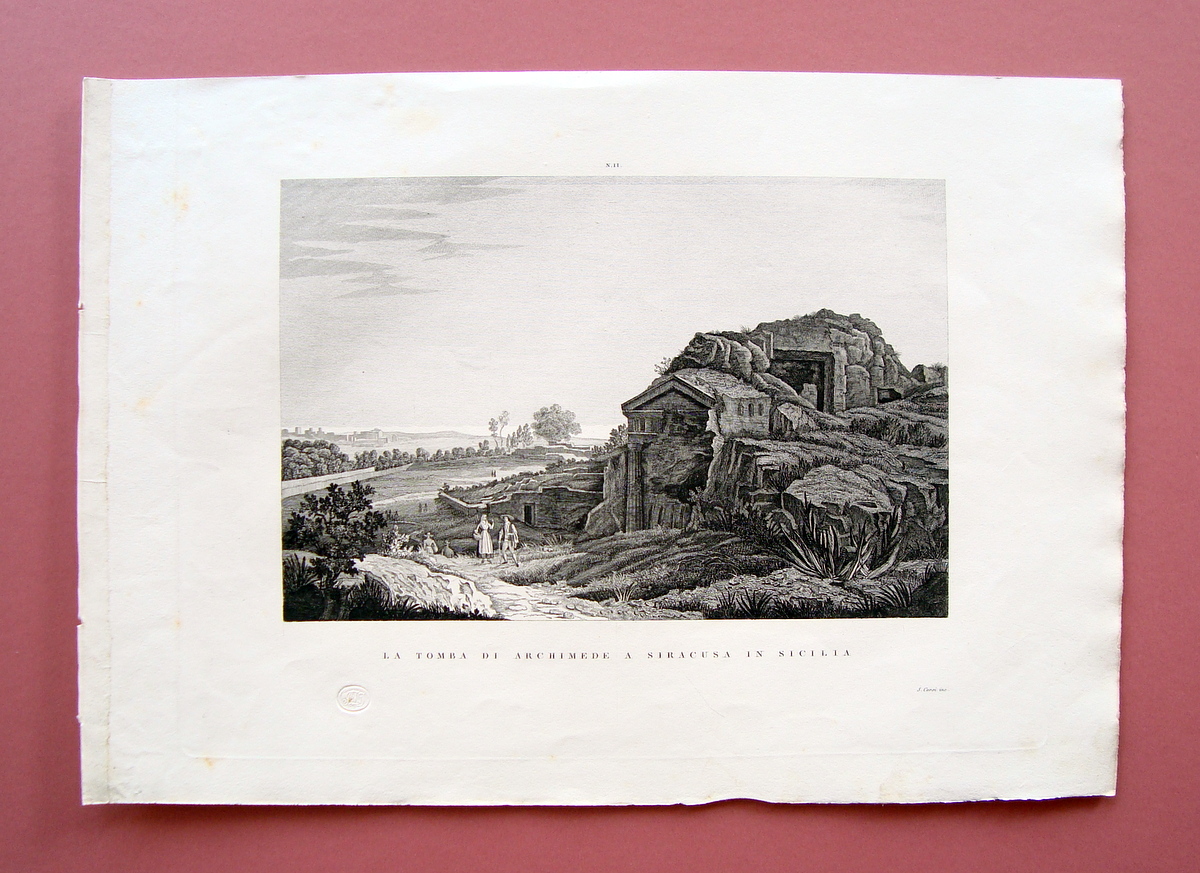 Zuccagni Orlandini Tomba Archimede Siracusa Sicilia 1840 acquaforte originale