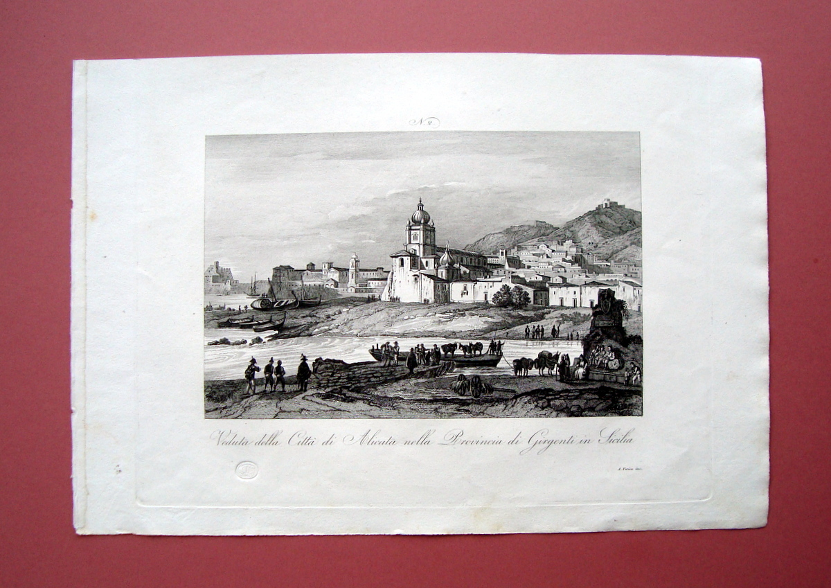 Zuccagni Orlandini Veduta Alicata Girgenti Sicilia 1840 acquaforte originale