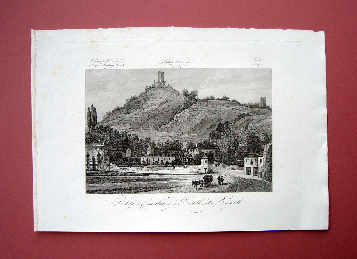 Zuccagni Orlandini Veduta Camerlata Castello Baradello 1840 acquaforte originale