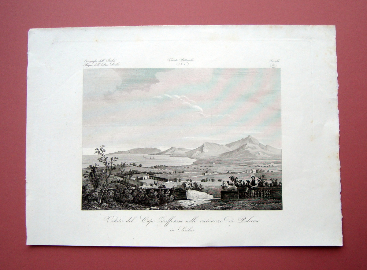 Zuccagni Orlandini Veduta Capo Zafferano Palermo Sicilia acquaforte orig 1840