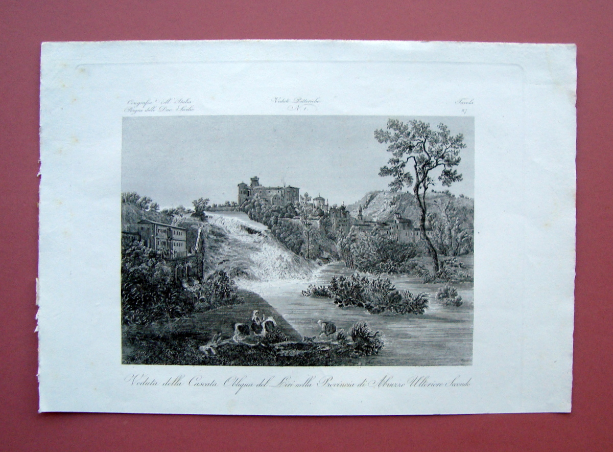 Zuccagni Orlandini Veduta Cascata Obliqua del Liri Abruzzo 1844 acquaforte