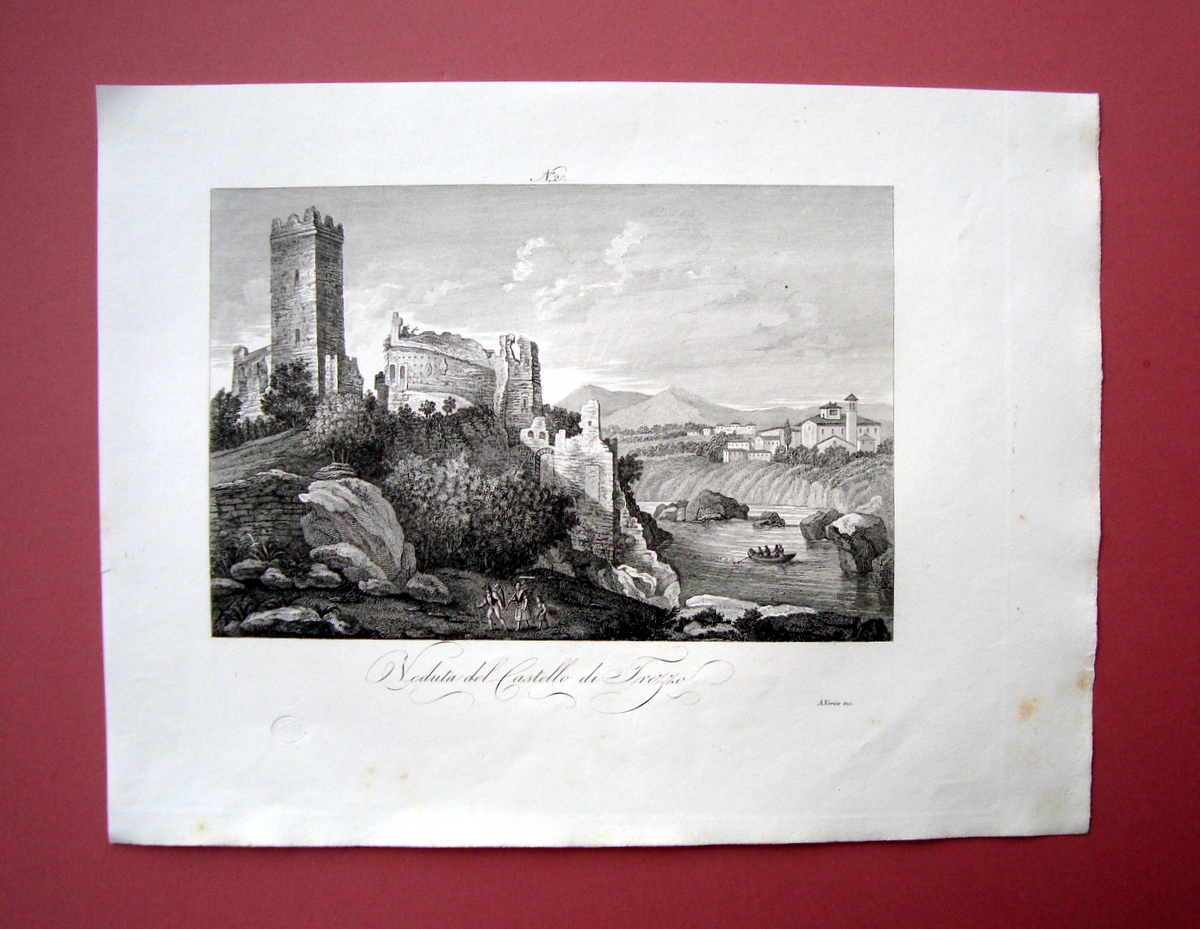 Zuccagni Orlandini Veduta Castello di Trezzo1840 acquaforte originale