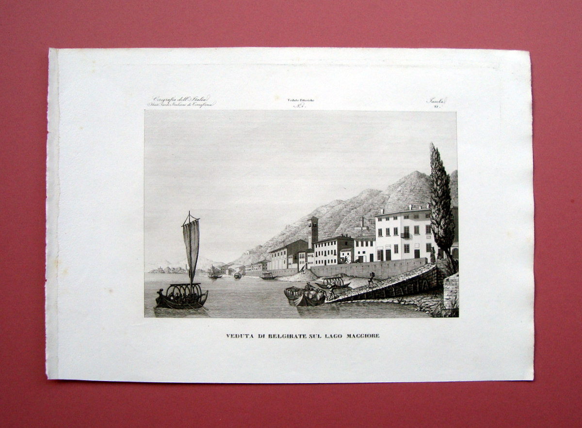 Zuccagni Orlandini Veduta di Belgirate Lago Maggiore 1844 acquaforte originale