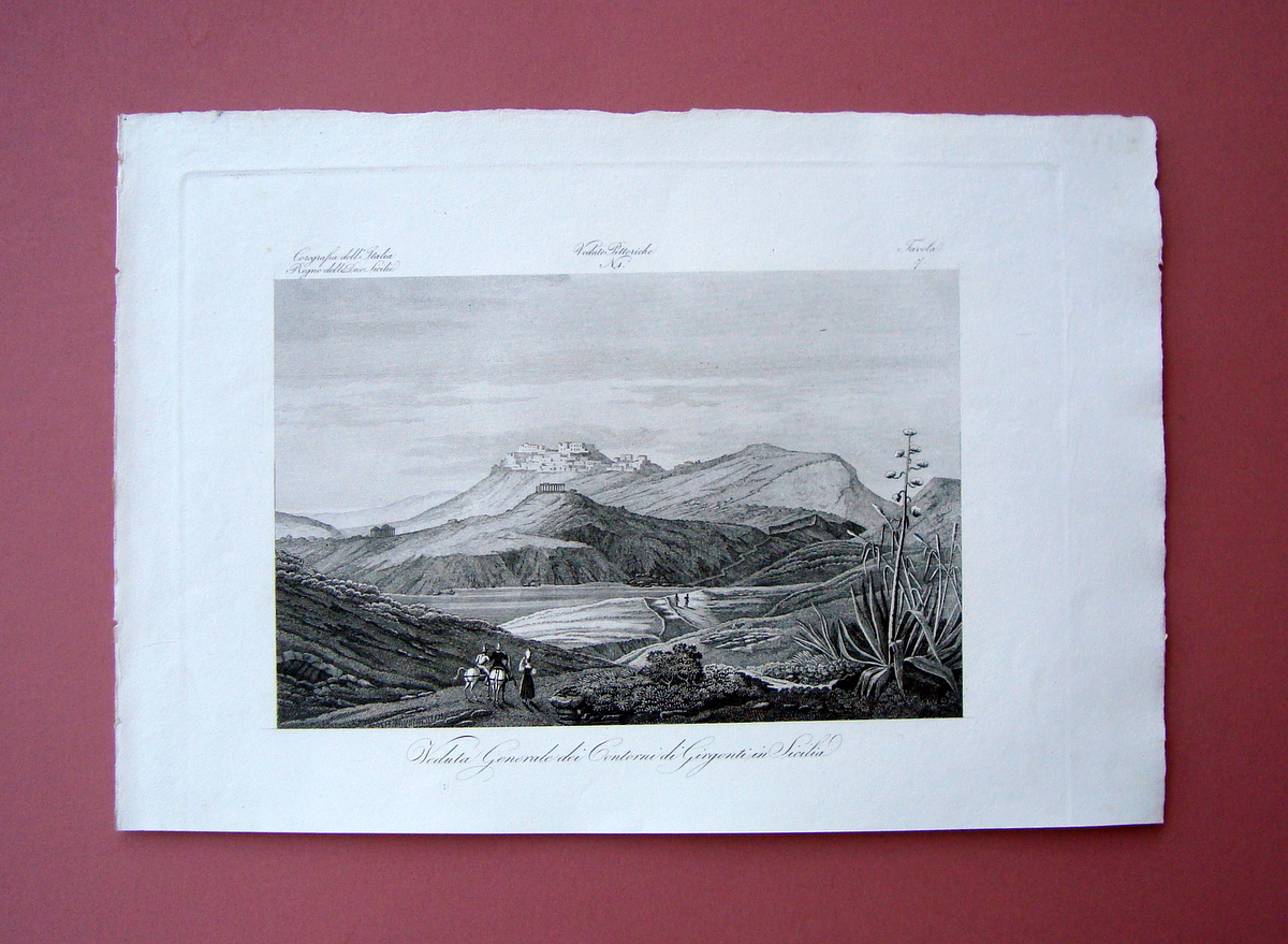 Zuccagni Orlandini Veduta Generale Contorni di Girgenti Sicilia 1844 acquaforte