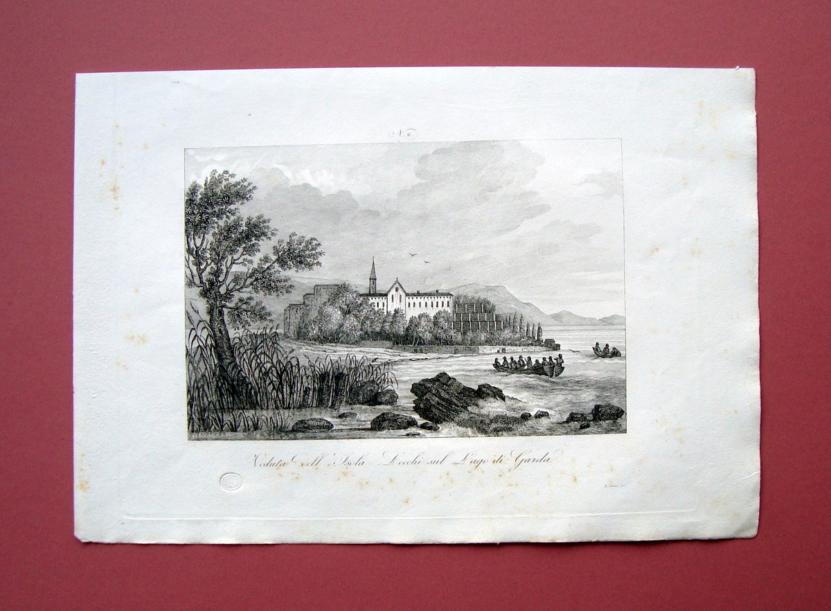 Zuccagni Orlandini Veduta Isola Lecchi Lago di Garda 1840 acquaforte …