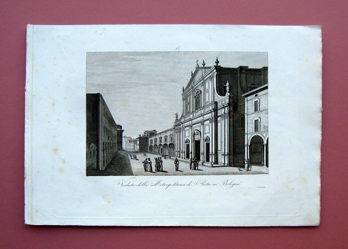 Zuccagni Orlandini Veduta Metropolitana S. Pietro Bologna 1844 acquaforte