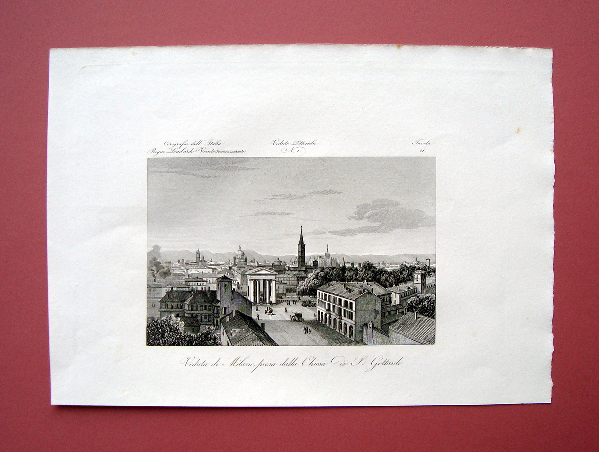 Zuccagni Orlandini Veduta Milano da Chiesa S.Gottardo 1840 acquaforte originale