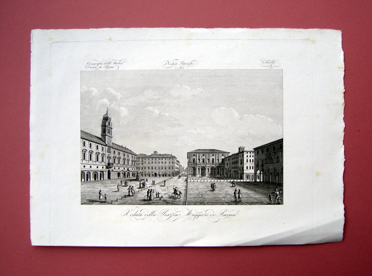 Zuccagni Orlandini Veduta Piazza Maggiore di Parma 1840 acquaforte originale