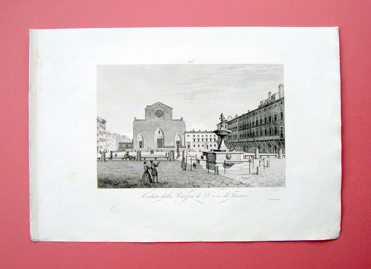 Zuccagni Orlandini Veduta Piazza S.Croce Firenze 1844 acquaforte originale