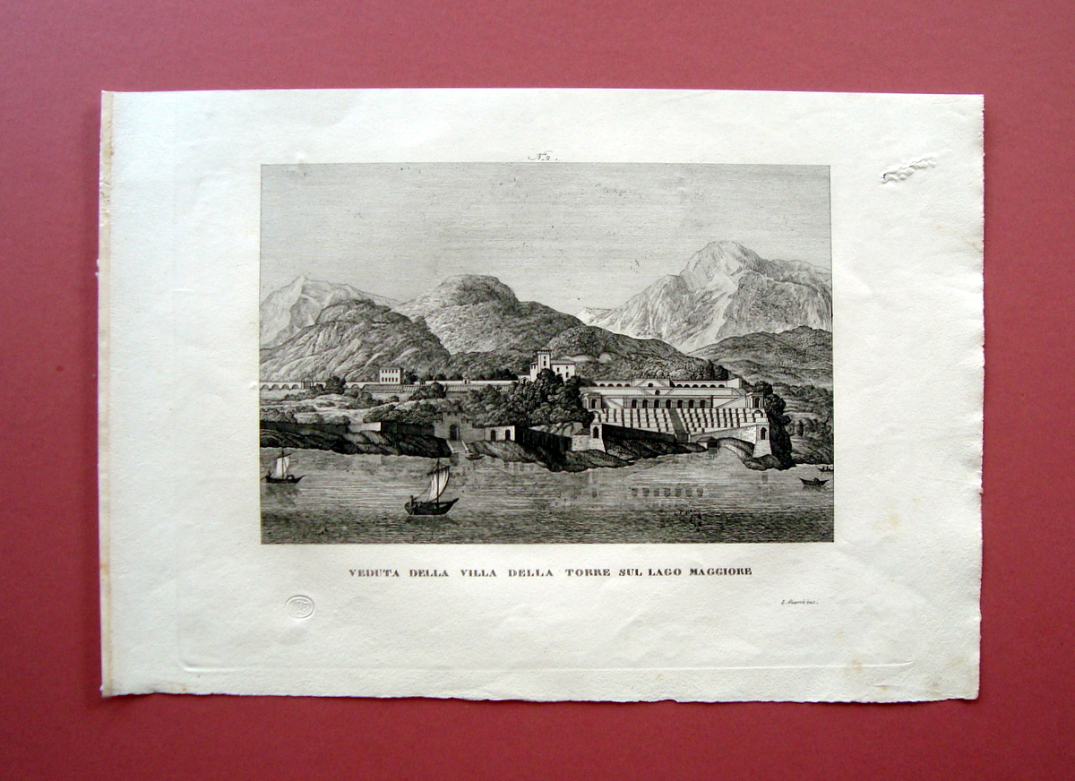 Zuccagni Orlandini Veduta Villa Torre Lago Maggiore 1840 acquaforte originale