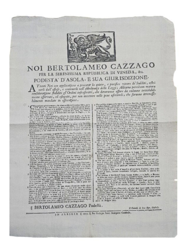 Affissione pubblica in Asola 1739 di Bartolomeo Cazzago