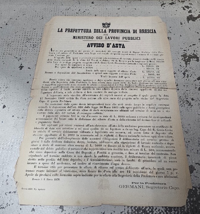 Avviso D'Asta del Ministero dei Lavori Pubblici Brescia 1870