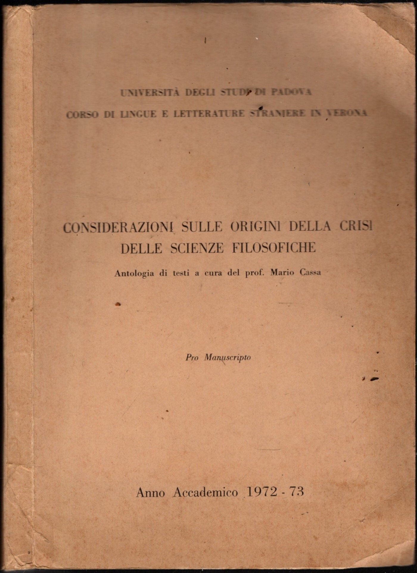CONSIDERAZIONI SULLE ORIGINI DELLA CRISI DELLE SCIENZE FILOSOFICHE