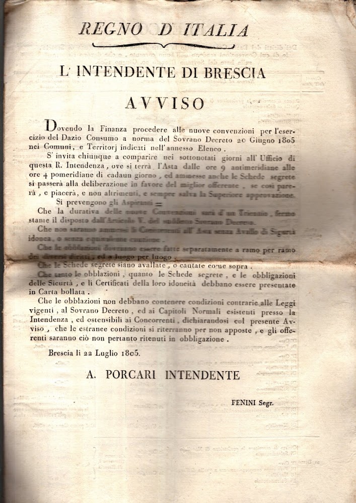 Diritti del Dazio Consumo sotto la giurisdizione dell'Intendenza di Brescia …
