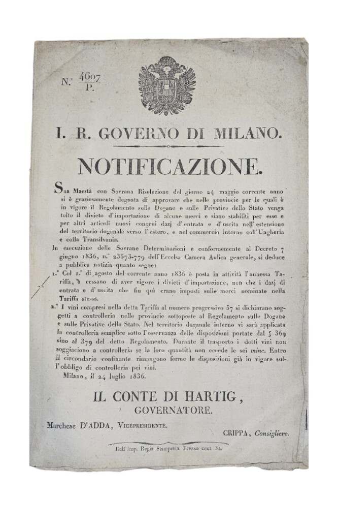 Governo di Milano Notificazione 1835-36